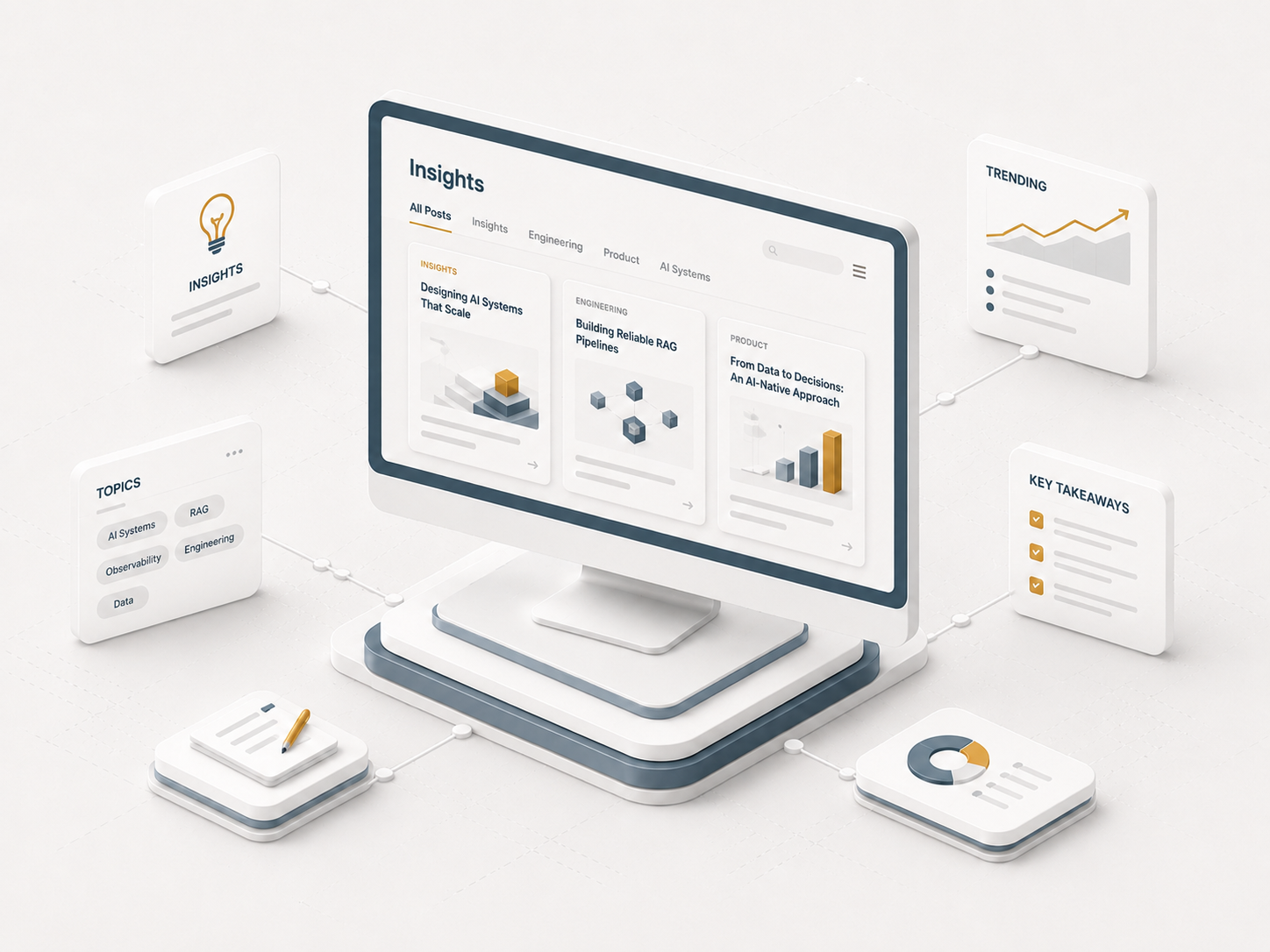 INVENEW Insights illustration showing article cards and topic filters.